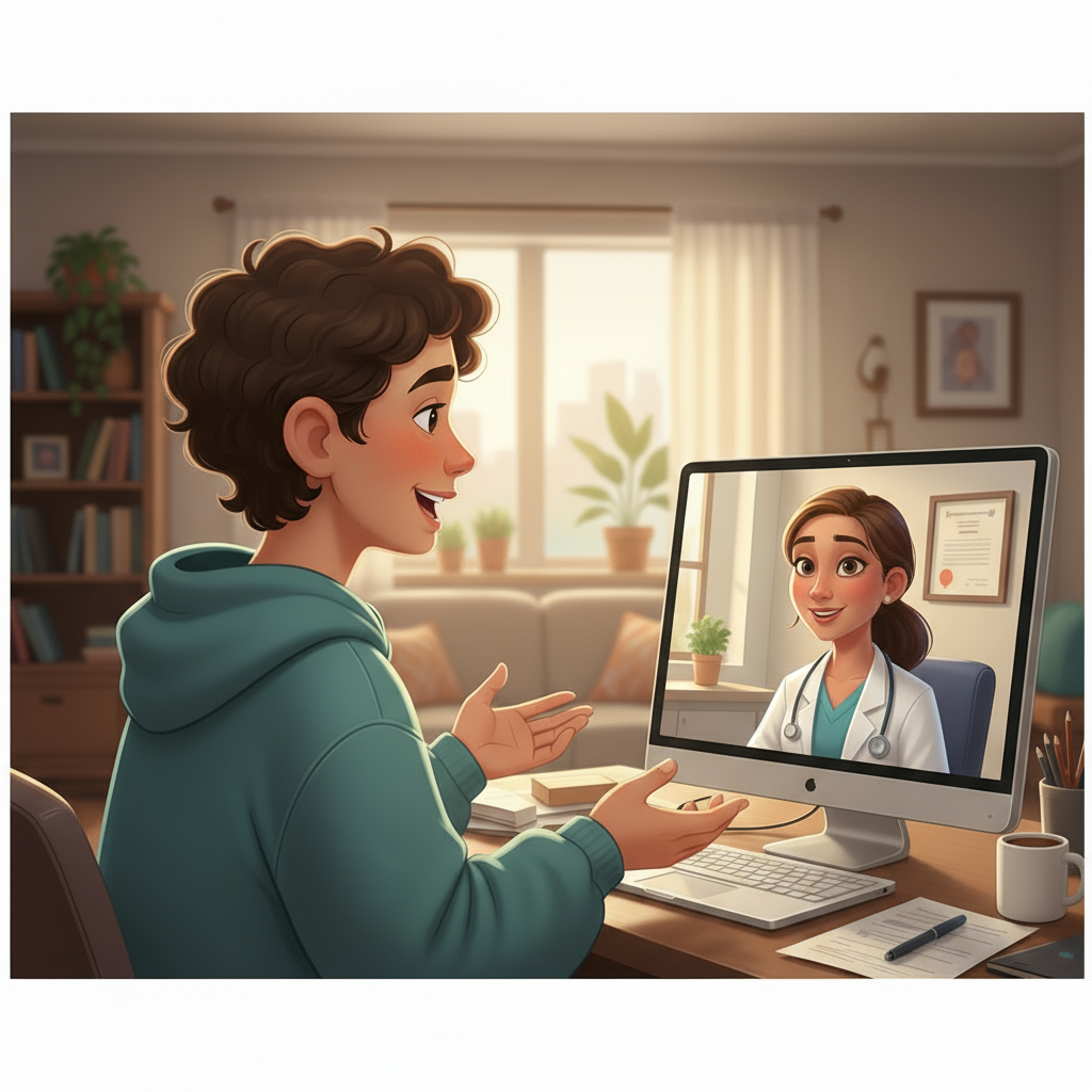 a realistic cartoon of a gender-neutral person speaking to a Caucasian Italian female doctor via computer