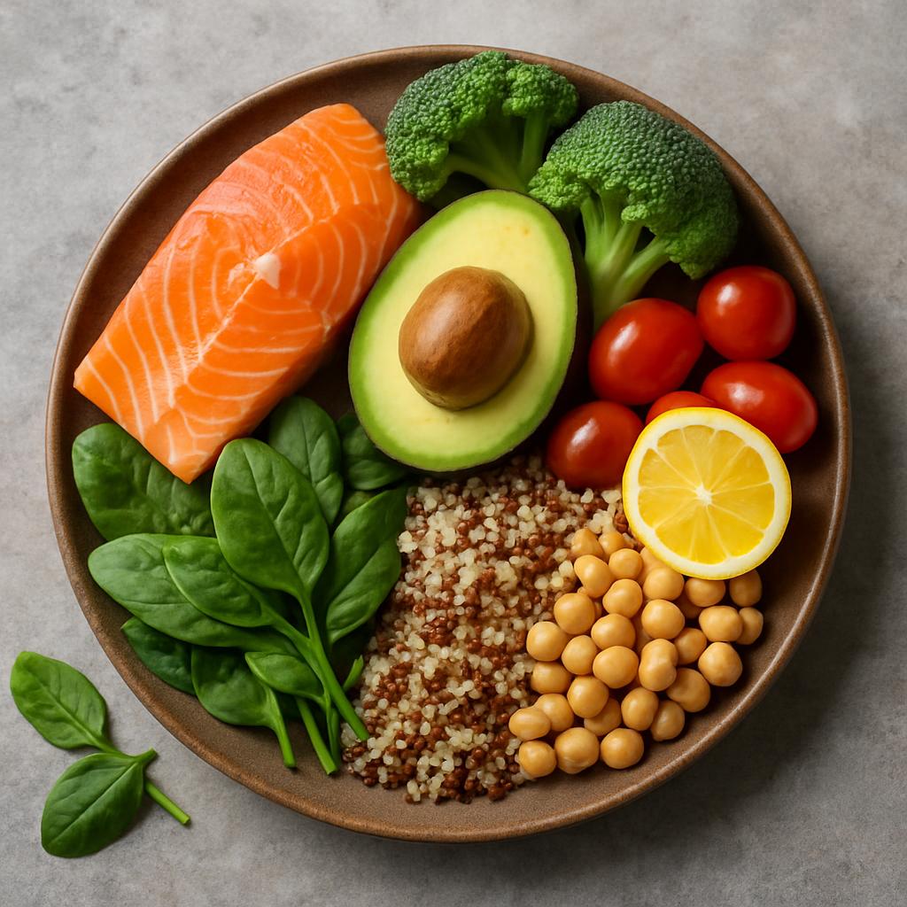 Salmon, avocado, spinach, tomatoes, chickpeas, and quinoa in a ceramic bowl.