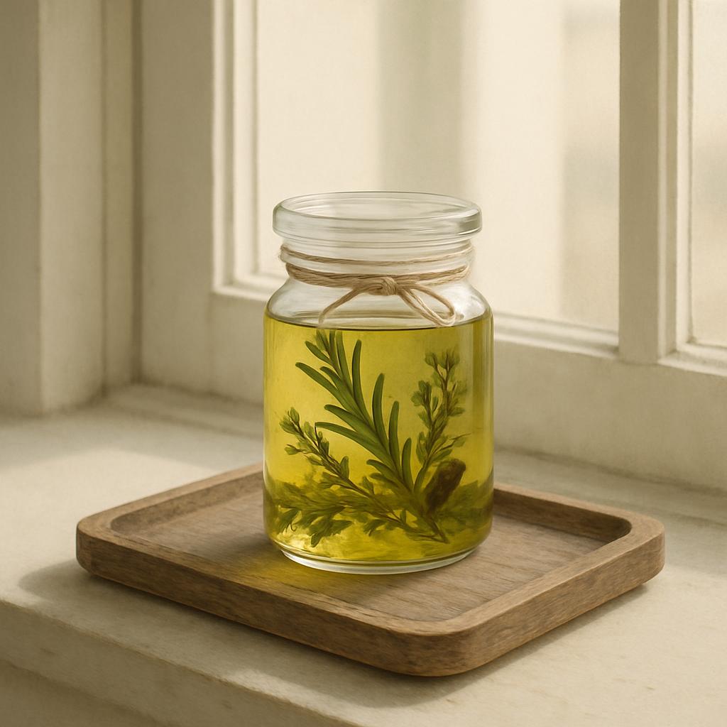 The image depicts a mason jar of yellow liquid, possibly olive oil, infused with herbs, on a wooden tray. The jar is fille...