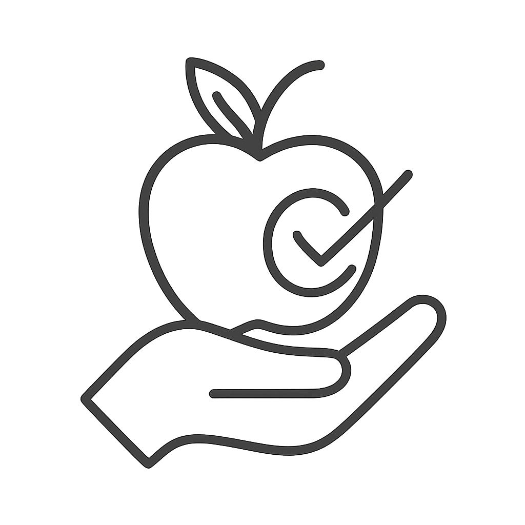The icon is of a hand holding an apple with a checkmark.