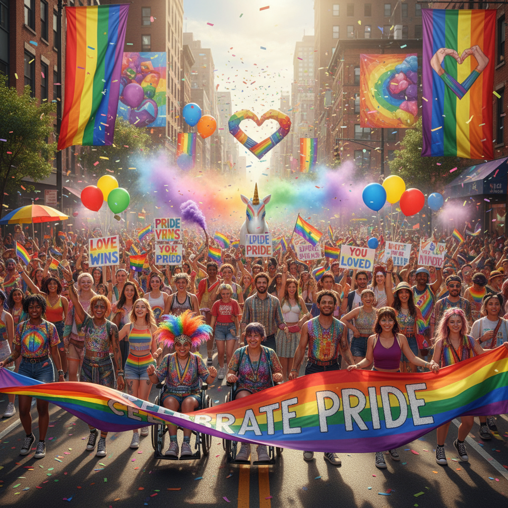 An image representing LGBTQ Pride, ideally featuring vibrant rainbow colors and inclusive, joyful symbolism.