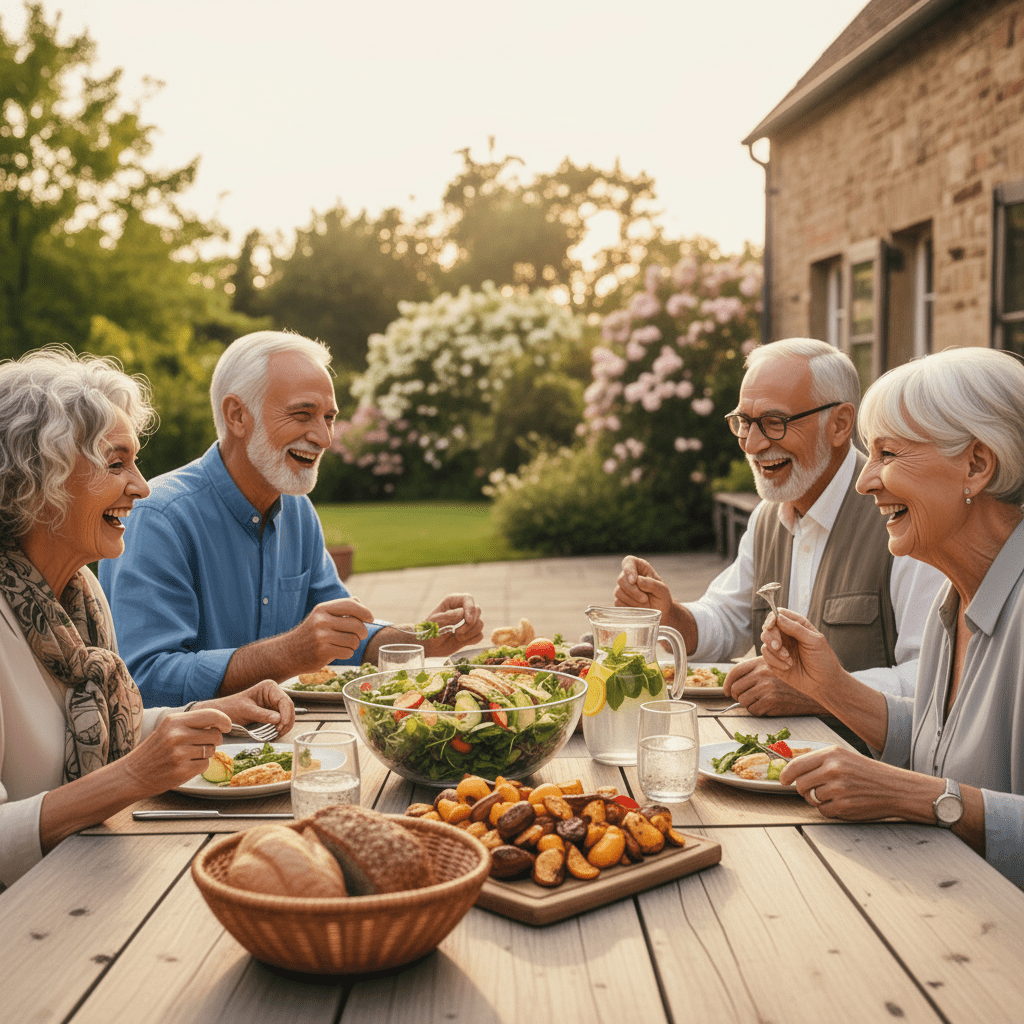 realistic cartoon of adults over 70 enjoying a healthy meal