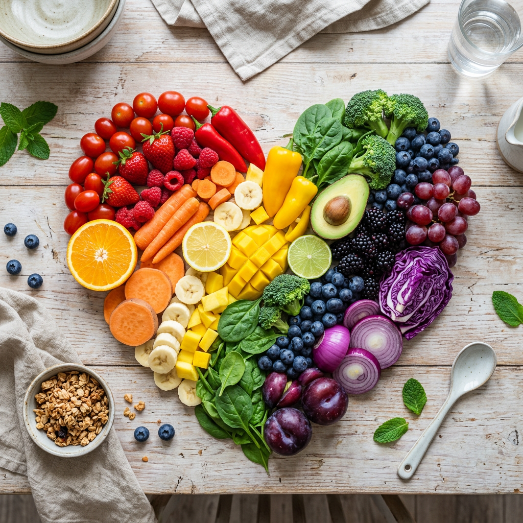 Heart-shaped arrangement of colorful fruits and vegetables including tomatoes, berries, carrots, citrus, mango, spinach, broccoli, avocado, grapes, cabbage, and onions